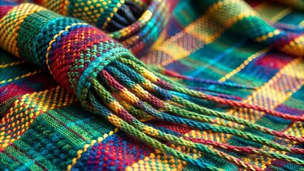 A Detailed Close-up of a Vibrant Handwoven Fabric with Intricate Plaid Pattern and Lush, Textured Tassels