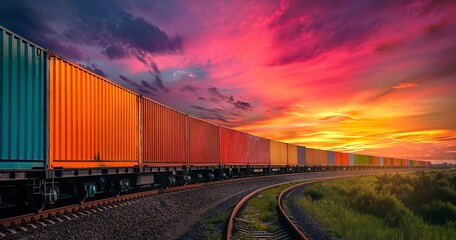 Obraz premium containerized freight train wagon against a backdrop of the sky, Generative AI.