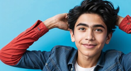Teen Latino boy with thick eyebrows and wavy black hair relaxed light blue background