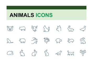Domestic animals icons set. Thin line animal icon collections. Simple vector icons. farm and hunting animals. Editable vector stroke.