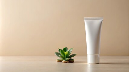 A White Squeeze Tube Bottle on a Wooden Tabletop with a Small Green Succulent Plant