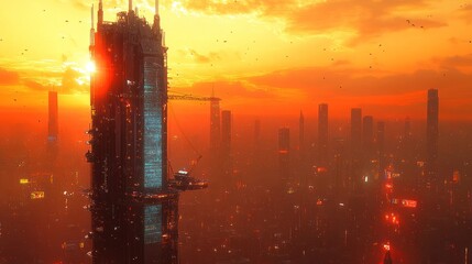 A futuristic city skyline at sunset with a tall skyscraper in the foreground.