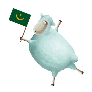 recommend clip art: Funny cartoon sheep with flag of Mauritania. Bright clip art on white background