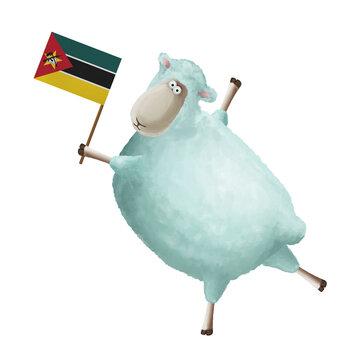 recommend clip art: Funny cartoon sheep with flag of Mozambique. Bright clip art on white background