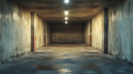 A dark, narrow, empty corridor with concrete walls and a single light at the end.