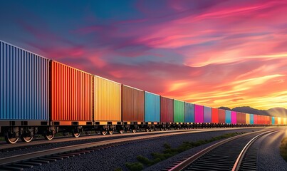 Fototapeta premium containerized freight train wagon against a backdrop of the sky, Generative AI.