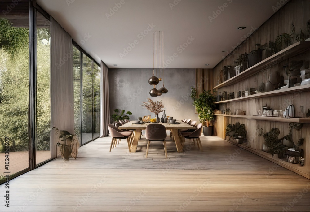 Poster modern dining room with a large window and a wooden table surrounded by chairs, a shelf filled with 