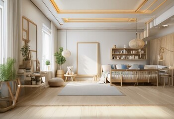 A bright, airy room with white walls and wooden floors, featuring a bed with a white blanket, a large framed blank canvas, and a small wooden table with a teddy bear.