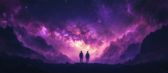 Obraz premium Two figures stand silhouetted against a stunning purple and pink night sky filled with swirling clouds and stars.