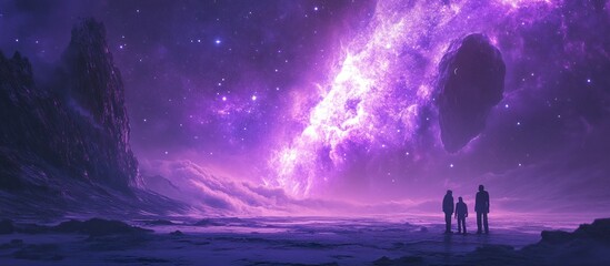 Two figures stand in awe of a massive purple nebula, stretching across the sky, with distant mountains and stars visible in the background.