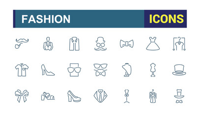 Clothes and fashion line icons. Fashion icons collections. Dress, T-shirt, Pants, Jacket, Shoe, Shirt symbols. Vector illustrations. Editable Stroke
