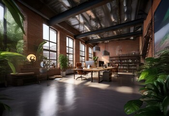 A modern office space with large windows, exposed brick walls, and plants.