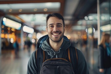 Smiling professional man confidently standing in a modern business center office with collaborative workspace and contemporary design