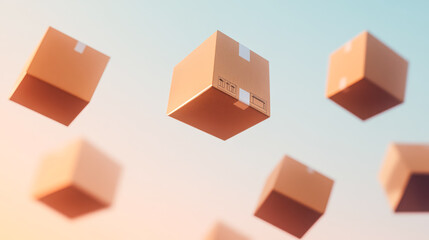 Cardboard boxes of various sizes floating in mid-air against a soft gradient background