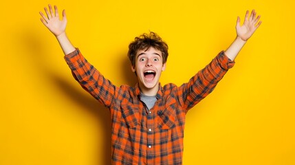 58. A teenager with an excited look, hands raised and eyes wide, against a bright yellow background.