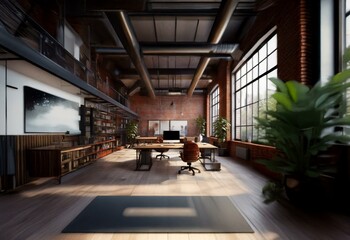 Industrial style office space with exposed brick walls, large windows, and a loft.