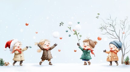 Fototapeta premium children dressed in vintage Christmas coats and soft bows, playing in the snow with snowballs, surrounded by falling snow, rendered in a warm, nostalgic watercolor cartoon style