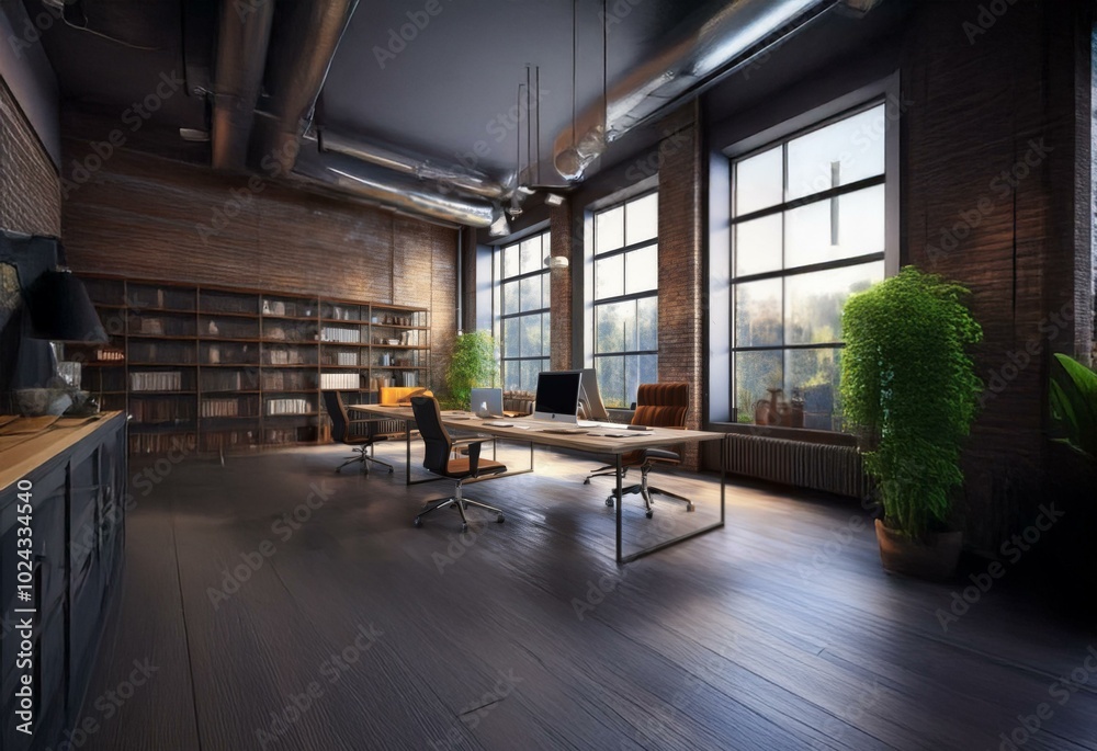 Poster an industrial-style office space with a large desk and windows overlooking a view.