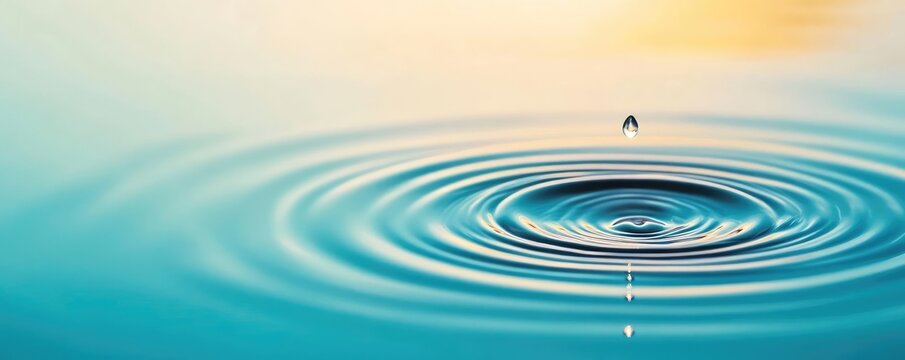 Water droplets creating ripples in a calm pond, symbolizing the subtle but powerful influence of water, ripple effect, calm power