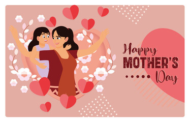 Mother hugged by her little daughter. An expression of a child's love for his mother. Mother's Day concept. Flat vector illustration.