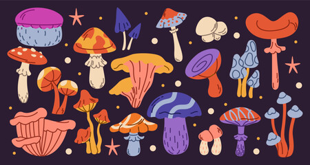 Mushroom psychedelic. Space element acid peace positive, fly mystical agaric. Sticker abstract groovy 70s doodle trippy collection. Champignons style funk. Vector hallucinations symbol graphic set