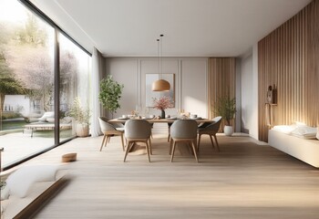 Modern dining room with large windows overlooking a backyard.