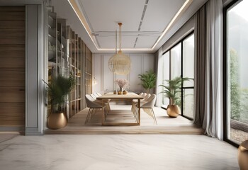 A modern dining room with a large window, hardwood floors and white marble tile.