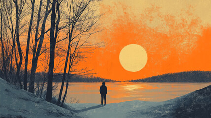 Fototapeta premium A tranquil winter solstice sunset over a frozen lake with a silhouette of a person