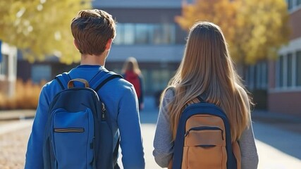 Students from high school conversing while walking.