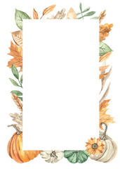 Watercolor rectangular frame with pumpkins, autumn leaves, for invitations, cards for thanksgiving, harvest festival, wedding template