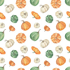 Watercolor seamless pattern with pumpkins green, orange, white, autumn print, texture on white background