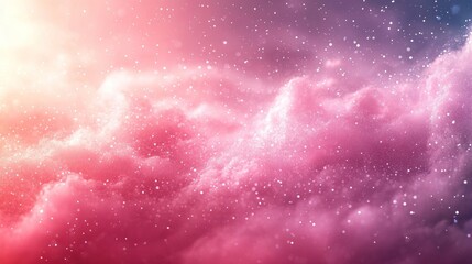 A dreamy, ethereal landscape with soft pink and purple clouds, illuminated by a distant golden light, and sprinkled with sparkling dust.
