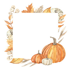 Watercolor square frame with pumpkins, autumn leaves, for invitations, cards for thanksgiving, harvest festival, wedding template