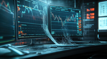 abandoned trading desk with cobwebs forming over dusty monitors, showcasing outdated financial data and charts. atmosphere evokes sense of neglect and lost opportunities