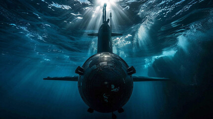 Fototapeta premium A submarine navigates deep underwater, with dramatic sunlight filtering through the ocean surface, creating a mysterious and powerful scene. 