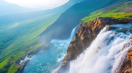 Flash flood waters cascading down a mountain slope after a torrential storm, mountain flash flood, destructive water