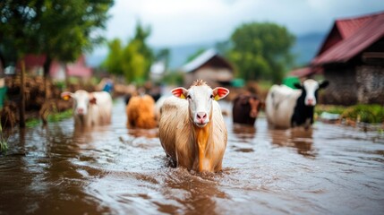 Flash floodwaters pouring into a small village, sweeping away animals and farming equipment, flooded village farm, rural devastation