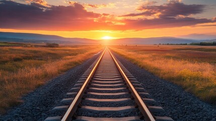 Train tracks lead towards sunset. Perfect for themes of journey, future, and hope.