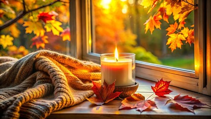 A glowing candle illuminates the warmth of a cozy autumn scene, with a soft blanket and scattered leaves on a wooden windowsill, capturing the essence of the season.