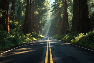 Obraz premium The road stretches across a valley, with large pine trees on both sides.