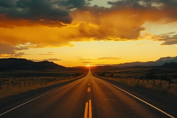 Naklejka premium The road stretches across a barren valley, illuminated by the evening sunlight, creating a beautiful scene