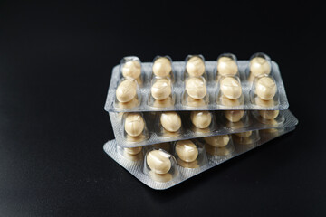 Oil filled blister pack white softgel capsules of food supplements, fish oil, omega 3, vitamin DHA