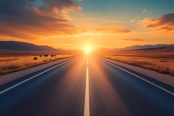 Naklejka premium The road stretches across a barren valley, illuminated by the evening sunlight, creating a beautiful scene