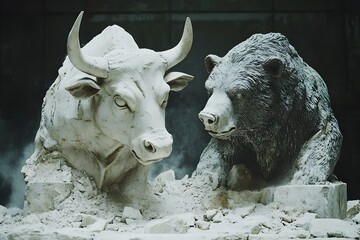 Crumbling Stone Sculpture of Bull and Bear Symbolizing Market Collapse in Natural Light