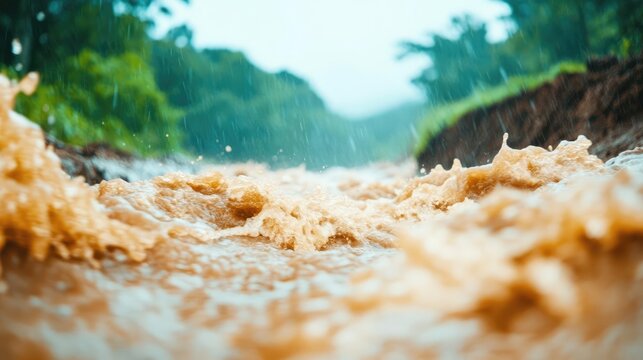 Water rushing down a hillside after a heavy rainstorm, causing mudslides and flash floods, mudslide and flood, dangerous terrain