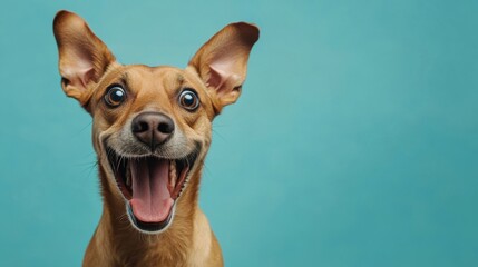 A happy dog with ears perked up, showcasing a joyful expression against a cheerful blue backdrop