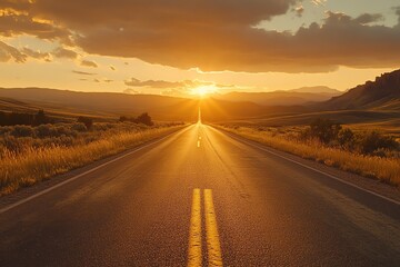 Fototapeta premium The road stretches across a barren valley, illuminated by the evening sunlight, creating a beautiful scene