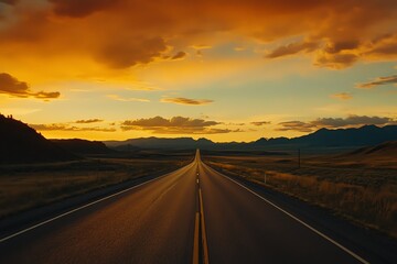 Fototapeta premium The road stretches across a barren valley, illuminated by the evening sunlight, creating a beautiful scene