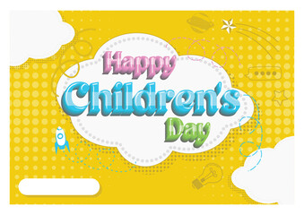 A colorful celebration of Children's Day. Imaginative world with a yellow background and white clouds. Children's Day concept. Flat vector illustration.