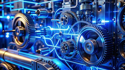 A close-up view of intricate gears and mechanisms illuminated by a network of vibrant blue lines, showcasing the precision and complexity of modern engineering.